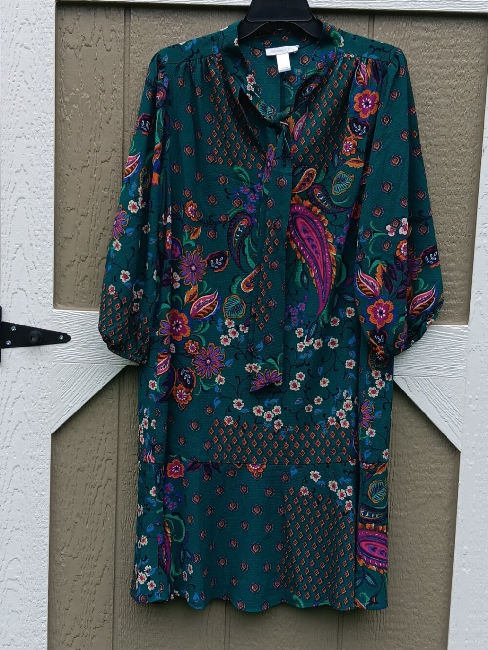 London Times Teal Paisley Floral Tie Neck Shift Dress Bishop Sleeve Size 14